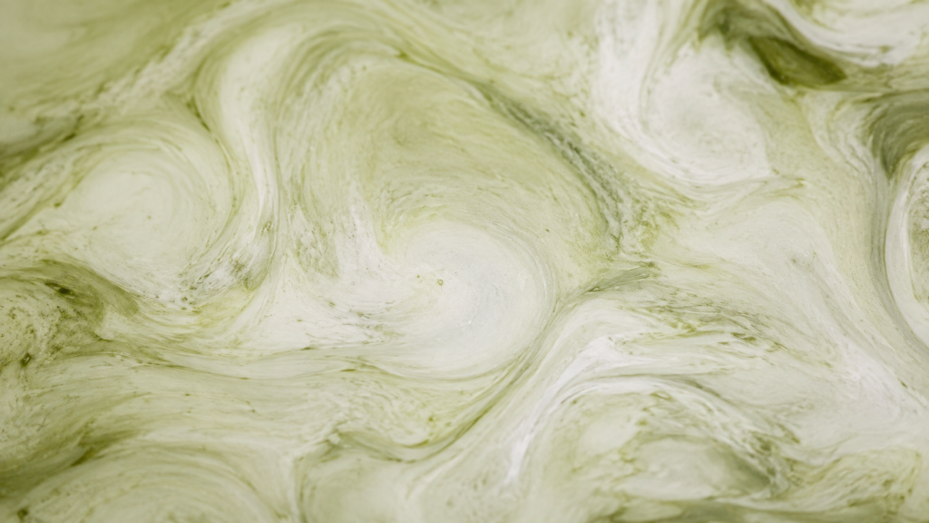 Close-up of the marbled cream and matcha artwork